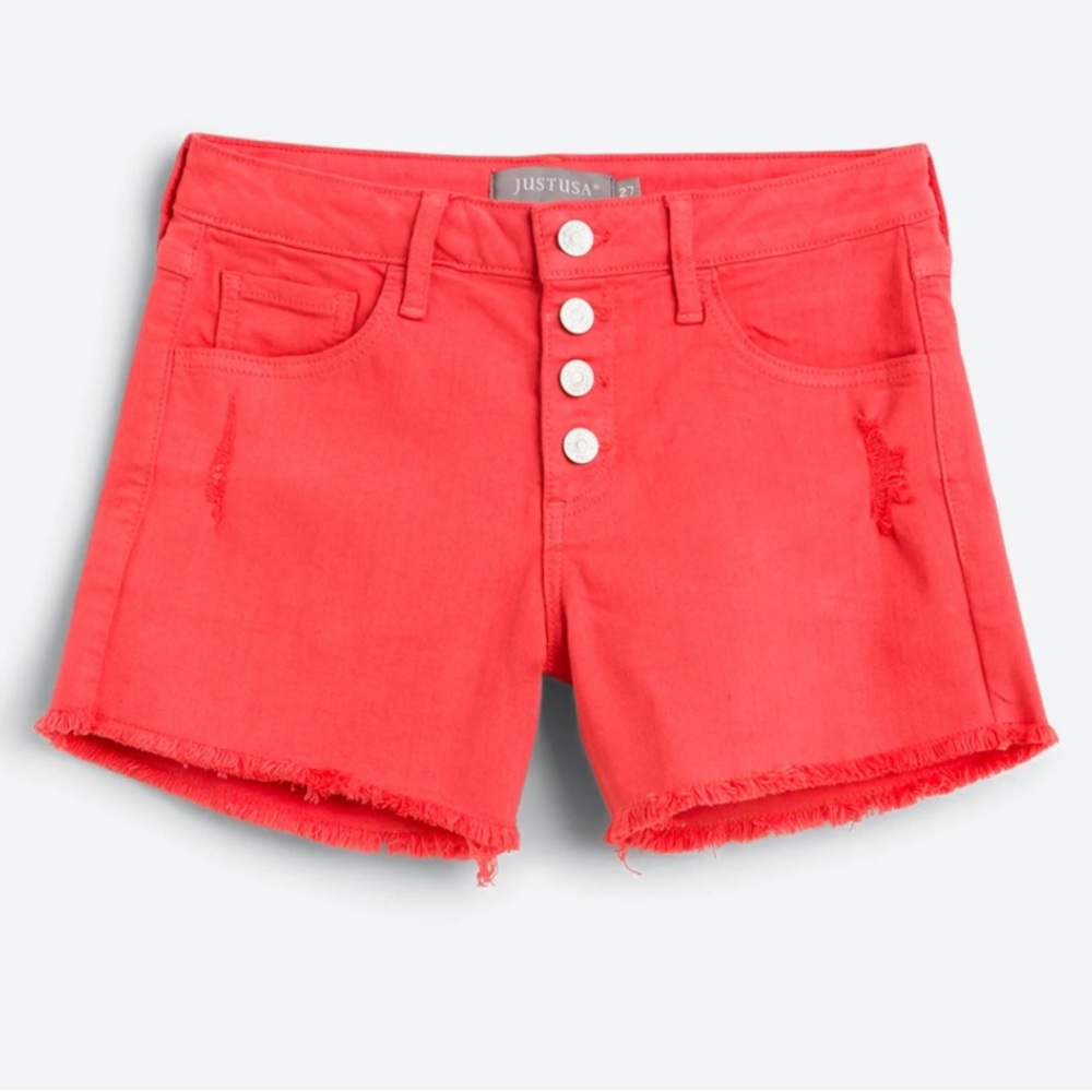 Myra Mid Rise Frayed Hem Button Fly Short coral denim size 28